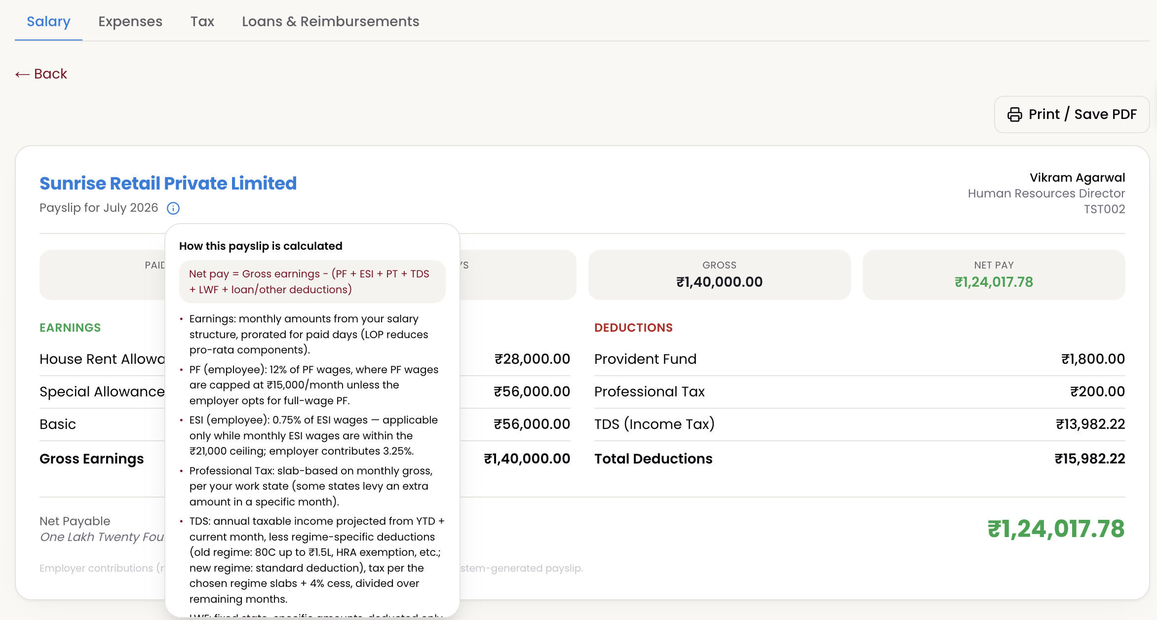 Ayam HR payslip explaining how it is calculated — formula shown for every figure